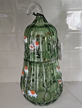 Green Hand-Painted Glass Gourd Canister with Floral Motif Source Unknown Ribbed
